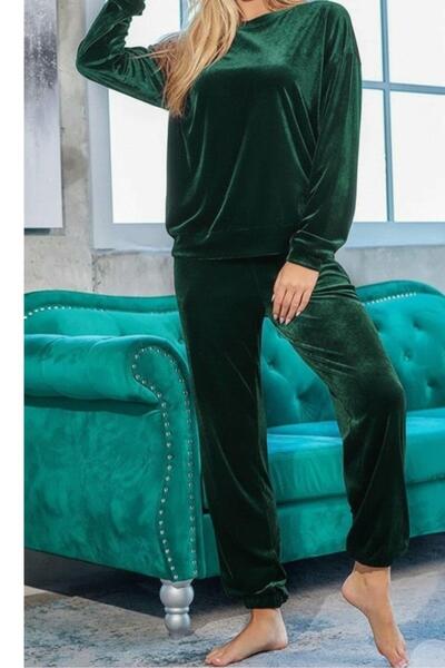 Mossta Round Neck Velvet Blouse Pants Two-Piece Set - Green