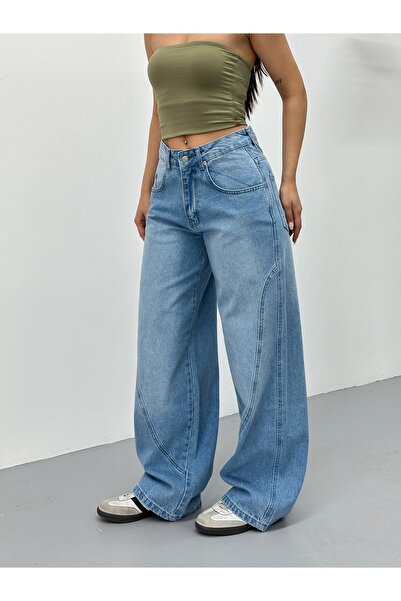 Lila Moda بنطال جينز واسع الساق بخصر عالٍ مع تفاصيل خياطة زرقاء قابلة للغسل