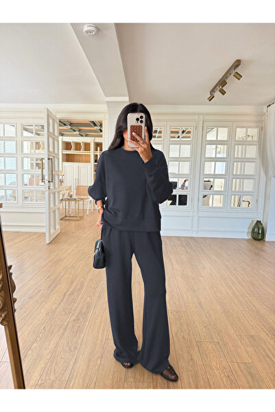 YAKAMEL طقم بدلة رياضية نسائية بخصر عالٍ وساق واسعة، مصنوعة من خيوط ناعمة بمل...