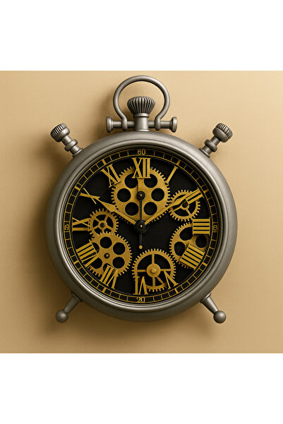 Mareluxe Nostaljik Metal Çarklı Gri Duvar Saati Vintage Dekoratif Saat,Mekani...