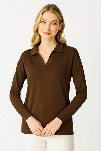 Mutlu Ertan Women's Polo Neck Long Sleeve Knitwear Blouse Brown 20102