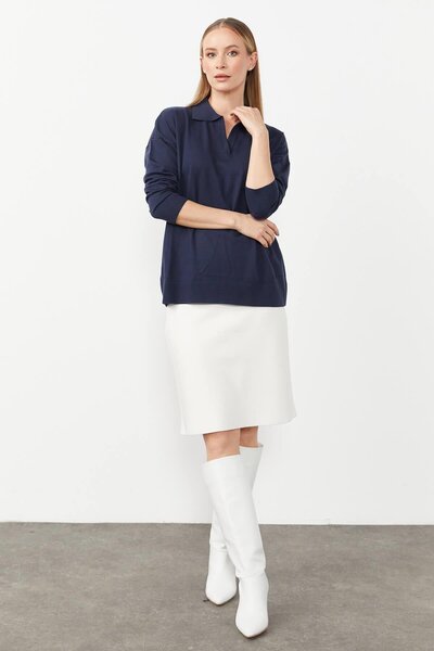 Butik Triko Mutlu Ertan Women's Shirt Collar Knitwear Blouse Navy Blue 20076
