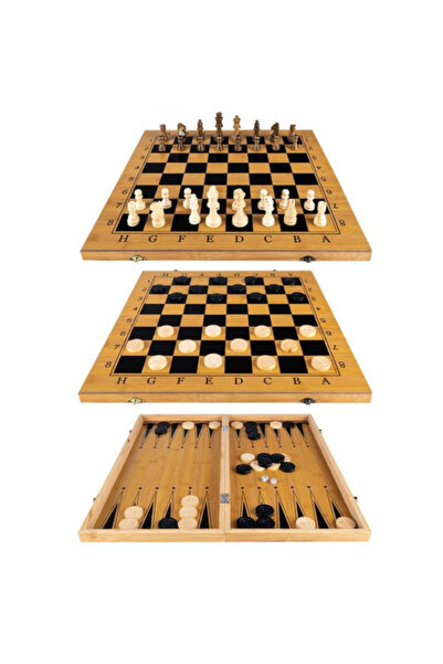 Gotel Set de joc 3 în 1 din lemn – Șah, Dame și Backgammon, cu tablă pliabilă 48x48 cm și piese incluse
