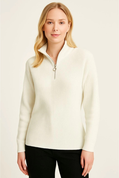 Giyimodam Pulover de tricotat pentru femei cu jumătate de fermoar – tricotat Thessaloniki, guler în picioare, țesut din bumbac, lung oversize