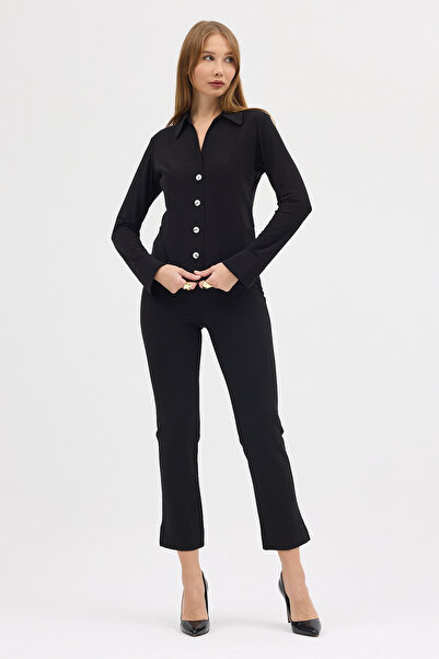 Laranor Μαύρο πουκάμισο με γιακά και μανίκια με μανσέτες Μπλούζα πουκάμισο Ημέρα και νύχτα Κομψότητα