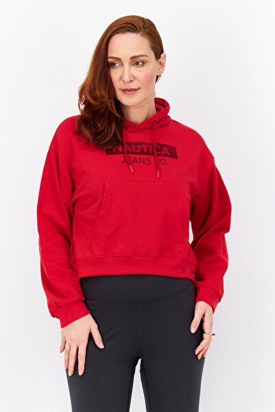 Nautica Women Hood With Drawstring Long Sleeve Brand Logo Sweatshirt, Red