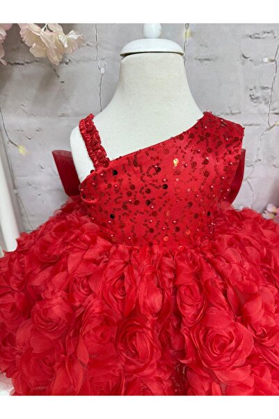 Hly Karol Tasarım Strappy Alya Red Vintage Baby Girl Evening Dress, Birthday Dress, Photo Shoot Dress, Suitable for 0-12 Years Old
