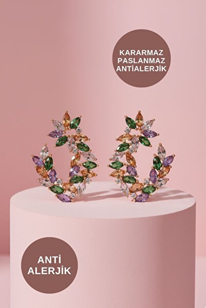 KAYOUBI Kadın Kararmaz Antialerjik Suya Dayanıklı Gece Abiye İçin Parlak Renkli Taşlı Şık Büyük Çelik Küpe