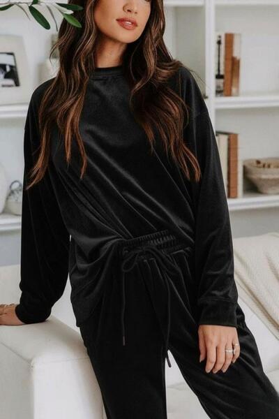 Mossta Round Neck Velvet Blouse Pants Two Piece Set - Black