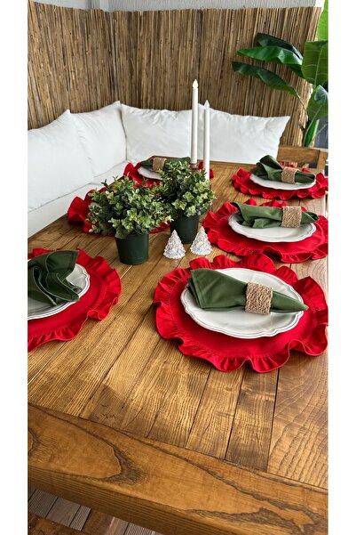 Decamor home 6 Pieces Stain-Resistant Red Frilly Round American Serviettes (Without Napkins)