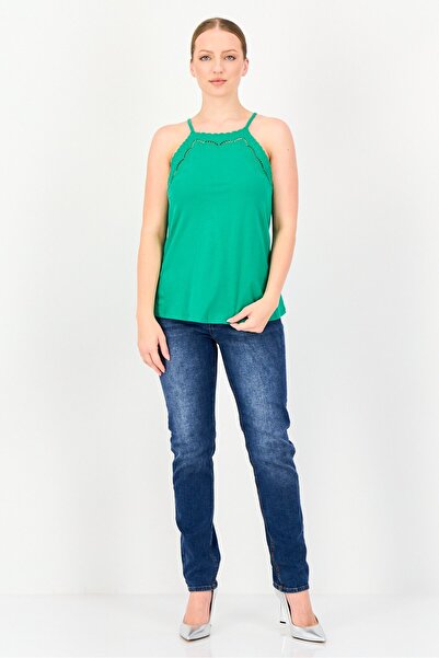 PROMOD Women Square Neck Sleeveless Embroidered Camisole Top, Green