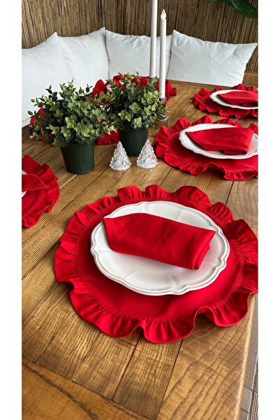 Decamor home 6 Pieces Stain-Resistant Red Frilly Round American Dinner Plate
