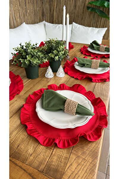 Decamor home 6 Pieces Stain-Resistant Red Frilly Round American Serviettes (Without Napkins)