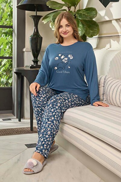 Aydoğan Set pijama cu mâneci lungi pentru femei din viscoză mărime mare 240660 Albastru