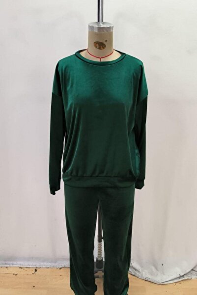 Mossta Round Neck Velvet Blouse Pants Two-Piece Set - Green