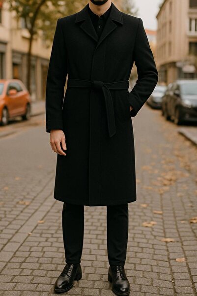 ECALAMODE Men's Black Cashmere Coat Long Belted Woolen Overcoat |   Regular Fit Classic Winter Coat