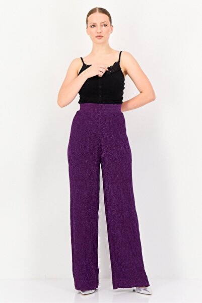PROMOD Women Regular Fit Textured Wide Legs Pants, Purple