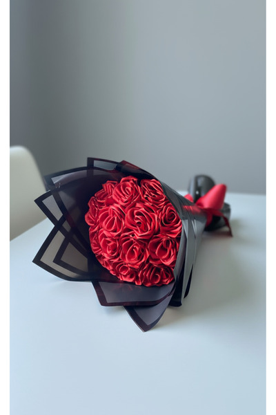 Buketim Seninle باقة من 14 وردة حمراء لا تبهت، زهرة ساتان، وردة بشريط، هدية ل...