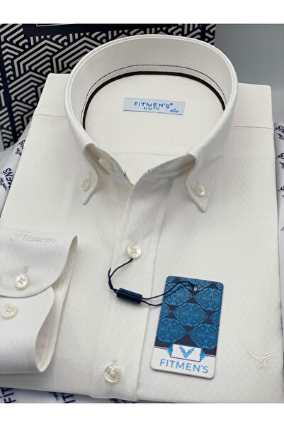 Fitmens Slim Fit Long Sleeve Diamond Pattern Sleeve Embroidered Collar Buttoned Stylish Men's Shirt with Gift Box Fs-004200 -