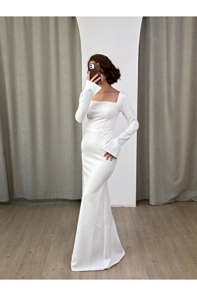 berissima bride Kare Yaka Yırtmaç Kol Astarlı Balık Nişan, Nikah Elbisesi Seraphine