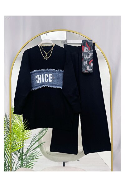 YEDİLALE Double Knitwear Set with Denim Detail on the Front [Std Size, Suitable for Size Range 38-44]