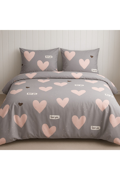sehra Cotton Double Quilt Duvet Cover Set + Fitted Sheet + 2 Pillowcases Bedding Set Heart Pattern