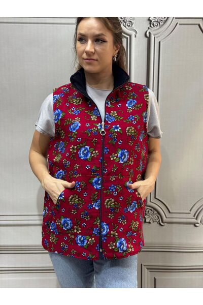 AGORATEKSTİL Women's New Season Zippered Floral Pattern Flannel Vest