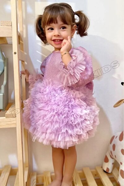 penu baby kids Lila Pırıltı Kumaş Tütü Etekli Fiyonklu Uzun Kollu Kız Çocuk Kız Bebek Elbise