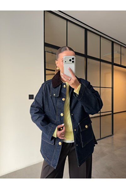 BB Bensu Buyruk KADİFE YAKALI EKOSE ASTARLI DENİM CEKET