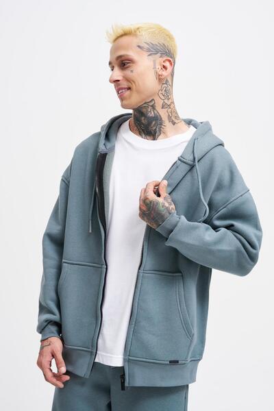 Machinist Men's Basic Zippered Pocket Hooded Oversized Smoked Sweatshirt