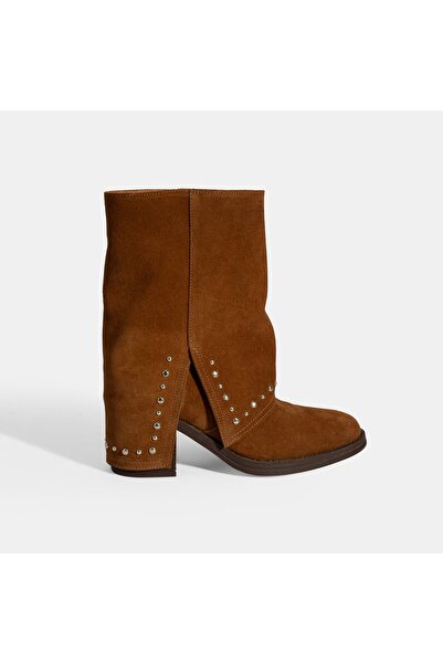 Desa Women's Tan Studded Detailed Thick Heeled Suede Boots
