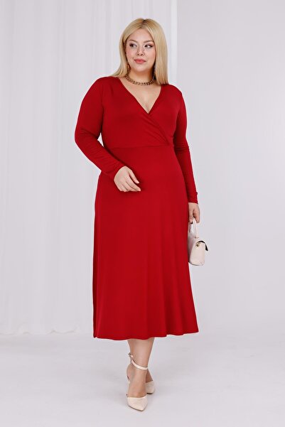 Madwilo Women's Burgundy Double-Breasted Collar Plus Size Stretchy Maxi Dress