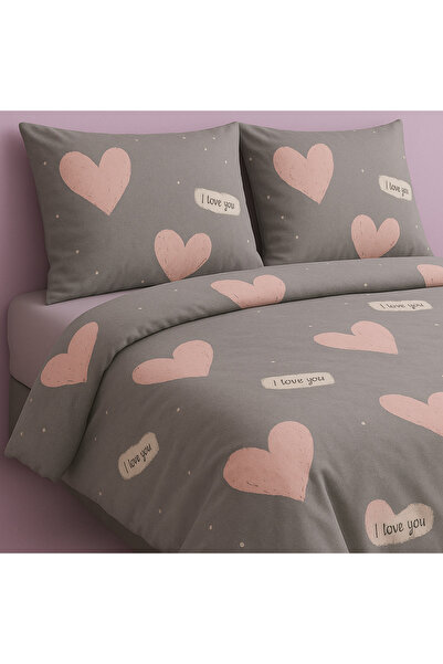 sehra Cotton Double Quilt Duvet Cover Set + Fitted Sheet + 2 Pillowcases Bedding Set Heart Pattern