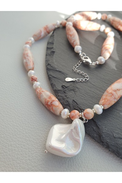 Abundo Colier din jasp sesame si perle de cultura cu argint 925, 52 cm