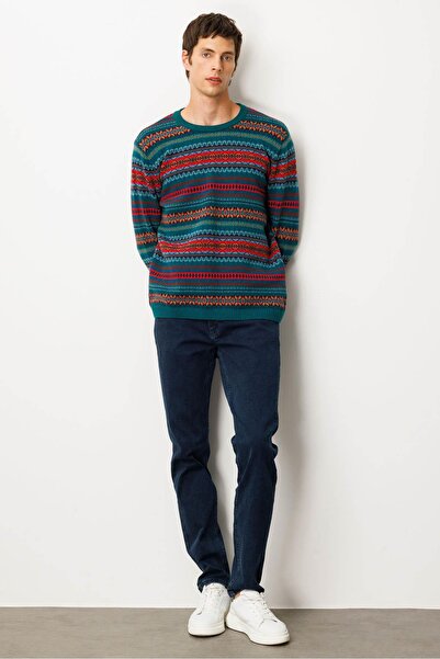 Desen Triko Men's Crew Neck Jacquard Wool Sweater Early 2000S