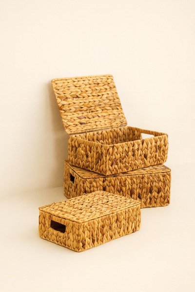 Mirilliahome Natural Wicker Basket Set with Lid |   3-Piece Organizer Boxes – Hand Knitted, Decorative, and Functional