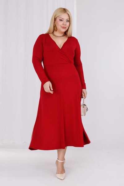 Madwilo Women's Burgundy Double-Breasted Collar Plus Size Stretchy Maxi Dress