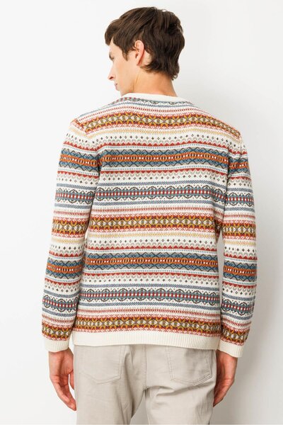 Desen Triko Men's Crew Neck Jacquard Wool Sweater Bone