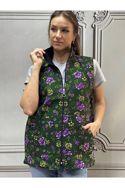 AGORATEKSTİL Women's New Season Zippered Floral Pattern Flannel Vest