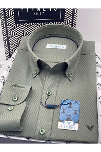 Fitmens Slim Fit Long Sleeve Diamond Pattern Sleeve Embroidered Collar Buttoned Stylish Men's Shirt with Gift Box Fs-004200 -