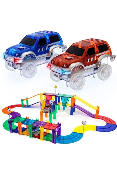 PicassoTiles Racing Track 50-piece Magnetic Construction Set, includes 2 LED cars