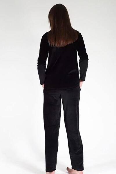 VİENETTA Women's Black Color Half Zipper Velvet Fabric Long Sleeve Straight Leg Pajamas Set C7T0N0603