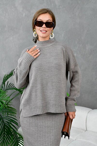 Işşıl 10270-Turtleneck Oversized Knitwear Skirt Set