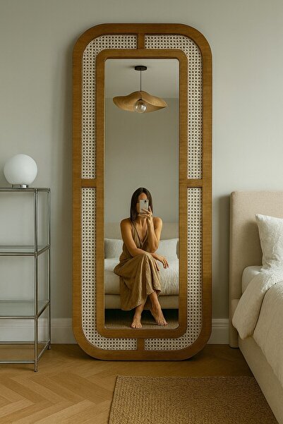 arykanda HAZERAN BOY AYNASI - AHŞAP DUVAR AYNASI - RATTAN AYNA