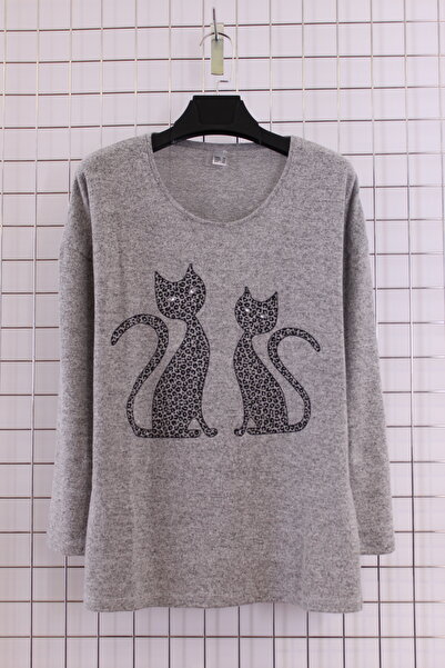 YXL COLLECTION Women's Plus Size Stretch Fabric Crew Neck Off Shoulder Cat Printed Soft Pullover Mom Blouse