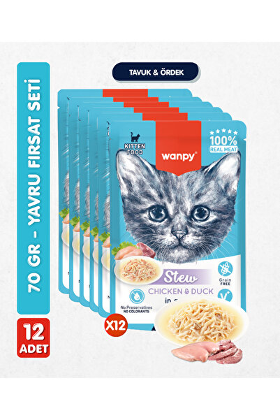 Wanpy 12li Yavru Kedi Yaş Maması Tavuklu & Ördekli Premium Kalite 12 x 70 gr