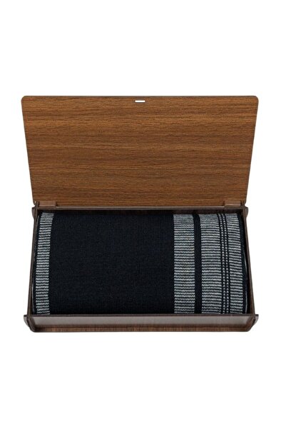 1001 Kravat Black and Gray Striped Double-Sided Men's Scarf in Wooden Gift Box