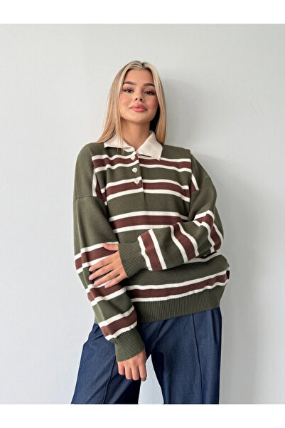 H&E LUXURY DESIGN Striped Buttoned Polo Neck Women's Knitwear Sweater