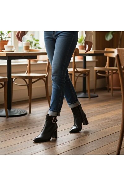 NE&VE SHOES Siyah Hakiki Deri Geniş Tokalı Sivri Burunlu Kadın Kalın Topuklu Bot