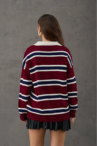 H&E LUXURY DESIGN Striped Buttoned Polo Neck Women's Knitwear Sweater